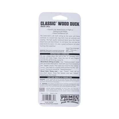 PRIMOS CLASSIC WOOD DUCK CALL - ONE SIZE - PACKAGING BACK DETAILS