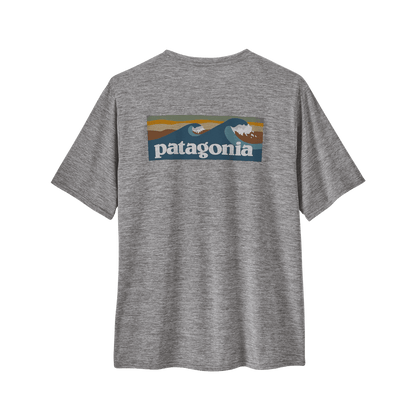 PATAGONIA MEN'S CAPILENE COOL DAILY GRAPHIC SHIRT WATERS - BOARDSHORT LOGO ABALONE BLUE: FEATHER GREY - BACK VIEW