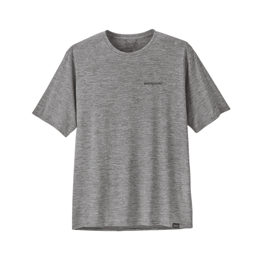 PATAGONIA MEN'S CAPILENE COOL DAILY GRAPHIC SHIRT WATERS - BOARDSHORT LOGO ABALONE BLUE: FEATHER GREY - FRONT VIEW