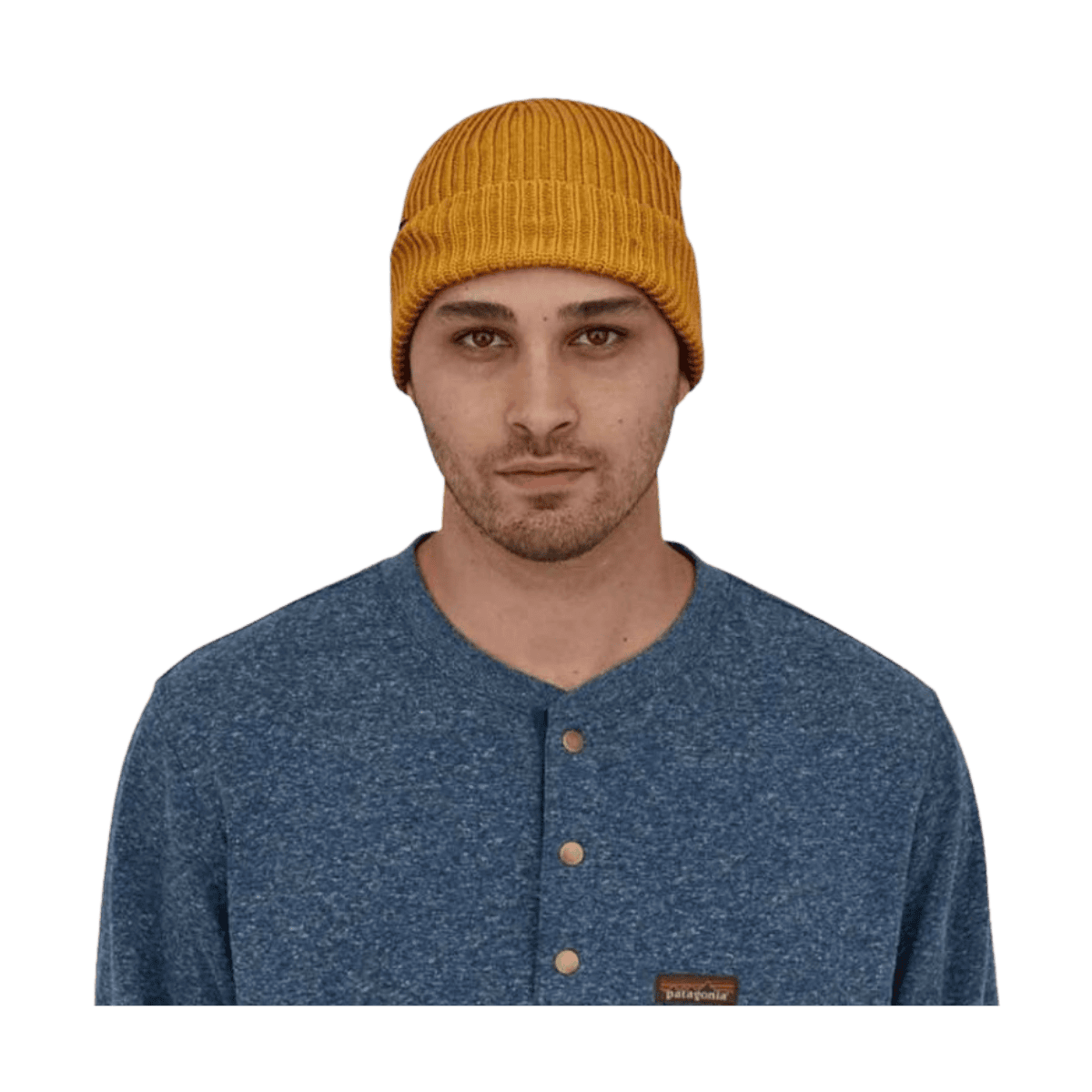 PATAGONIA FISHERMANS ROLLED BEANIE - CABIN GOLD - FRONT VIEW (IN USE)