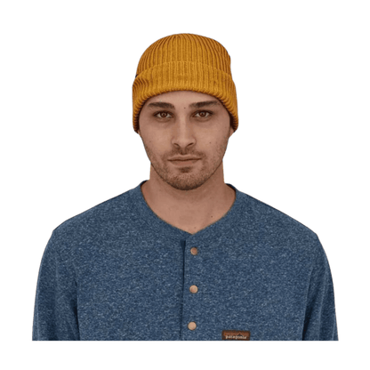 PATAGONIA FISHERMANS ROLLED BEANIE - CABIN GOLD - FRONT VIEW (IN USE)