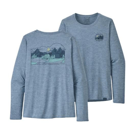 PATAGONIA WOMEN LS CAP COOL DAILY SHIRT LAND - LOST AND FOUND BLUE - FRONT AND BACK VIEW