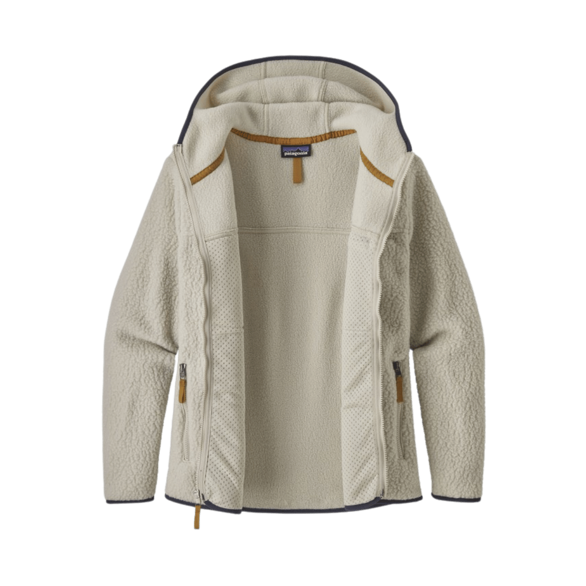 PATAGONIA WOMEN'S RETRO PILE HOODY - PELICAN - FRONT VIEW WITH ZIP OPEN SHOWING INTERIOR LINING