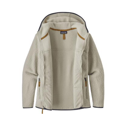PATAGONIA WOMEN'S RETRO PILE HOODY - PELICAN - FRONT VIEW WITH ZIP OPEN SHOWING INTERIOR LINING