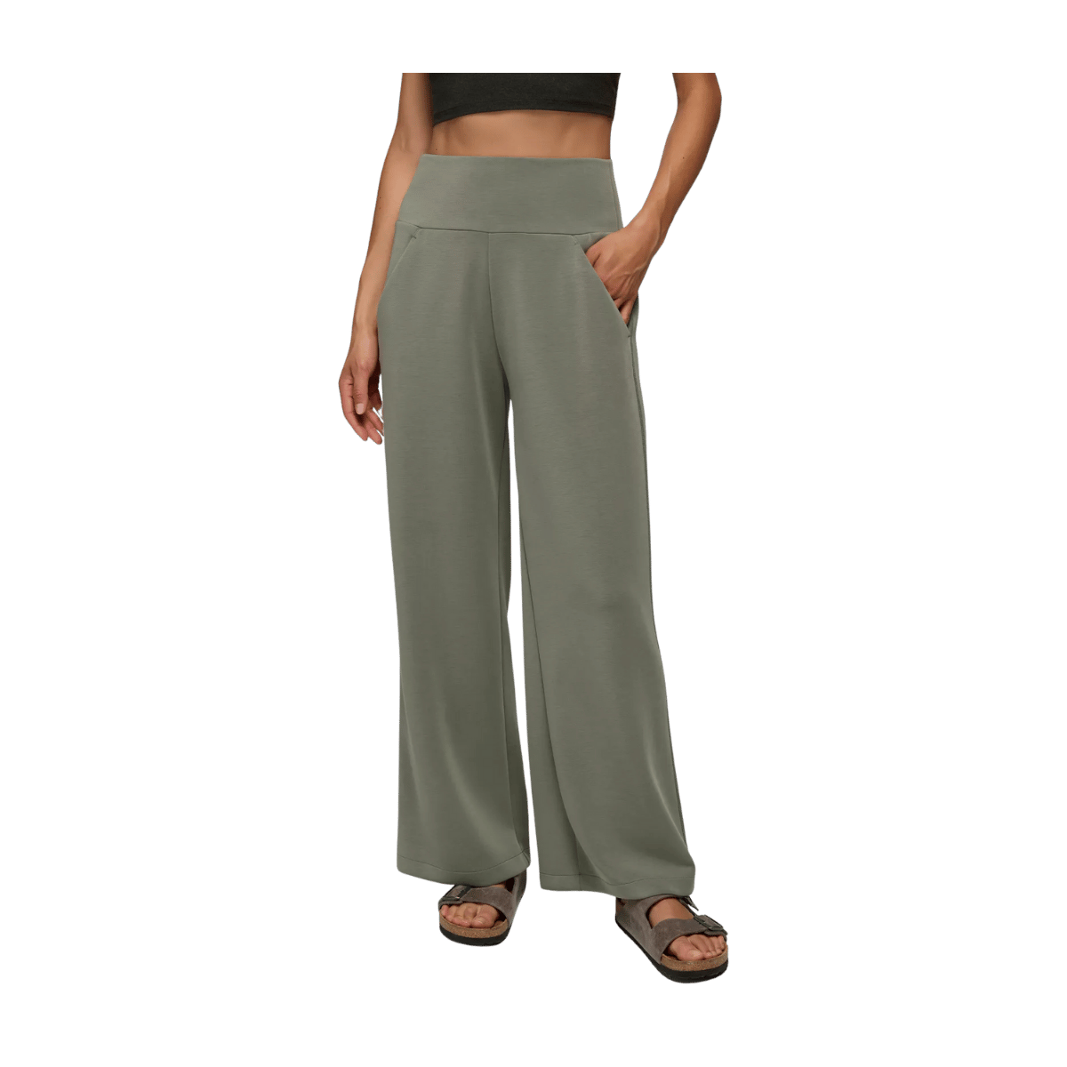 PRANA WOMEN'S SHEA HOT SPELL SOFT WIDE LEG PANTS - THYME - FRONT VIEW