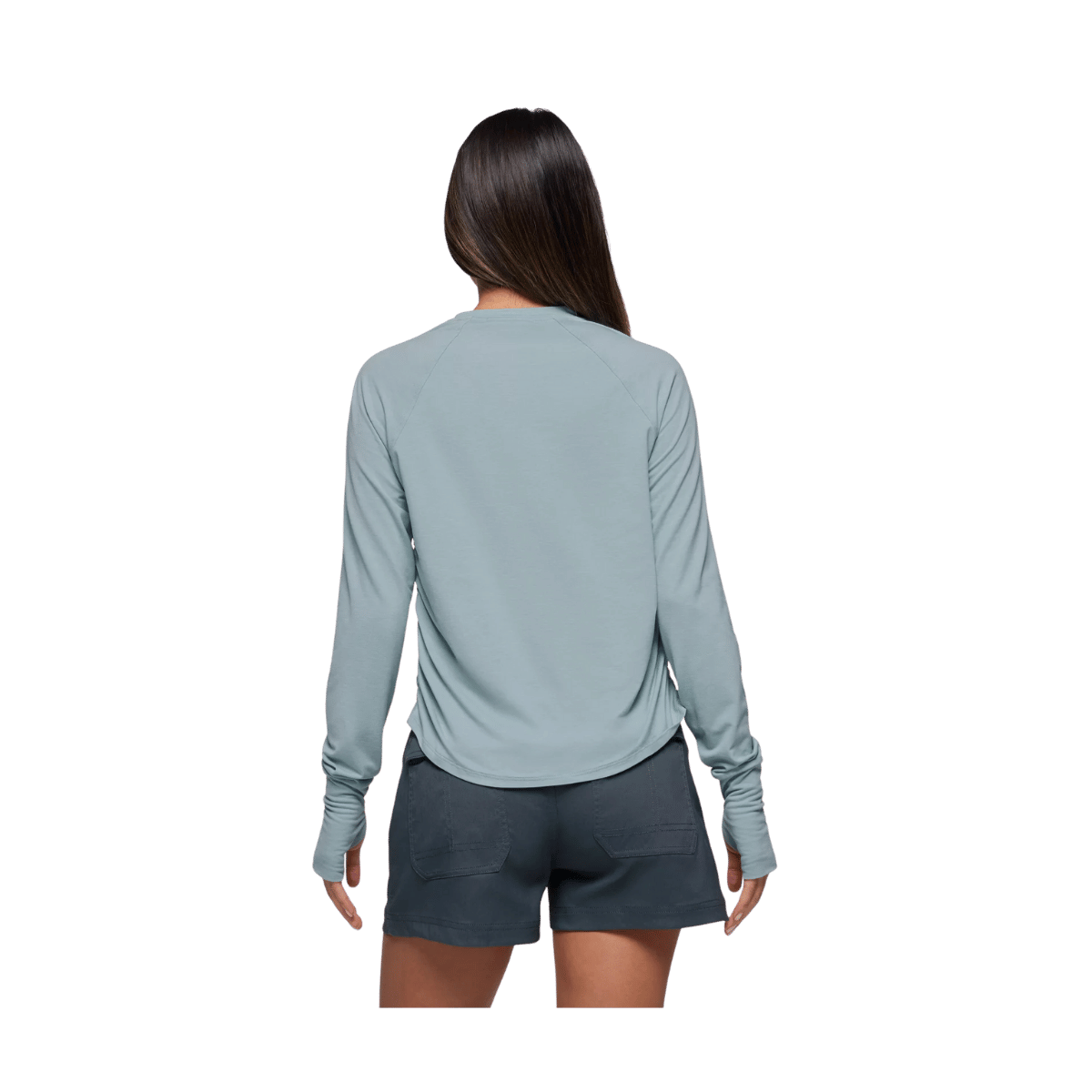 PRANA WOMEN'S SOL SEARCHER LONG SLEEVE CREW - SALTWATER - BACK VIEW