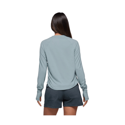 PRANA WOMEN'S SOL SEARCHER LONG SLEEVE CREW - SALTWATER - BACK VIEW