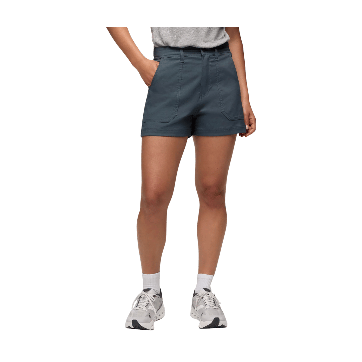 PRANA WOMEN'S STRETCH ZION CARGO SHORTS 5" - THUNDERCLOUD - FRONT VIEW