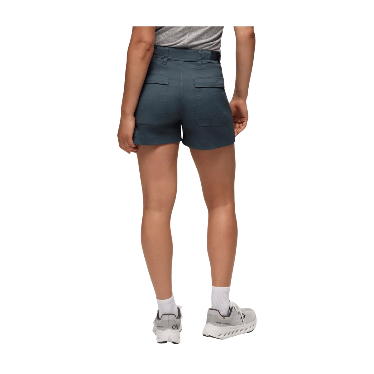 PRANA WOMEN'S STRETCH ZION CARGO SHORTS 5" - THUNDERCLOUD - BACK VIEW