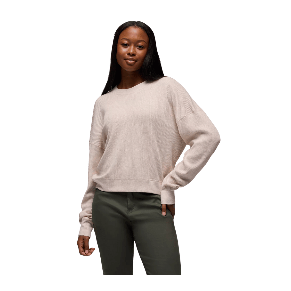 PRANA WOMEN'S TOUCHSTONE LONG SLEEVE CREW - OATMEAL HEATHER - FRONT VIEW