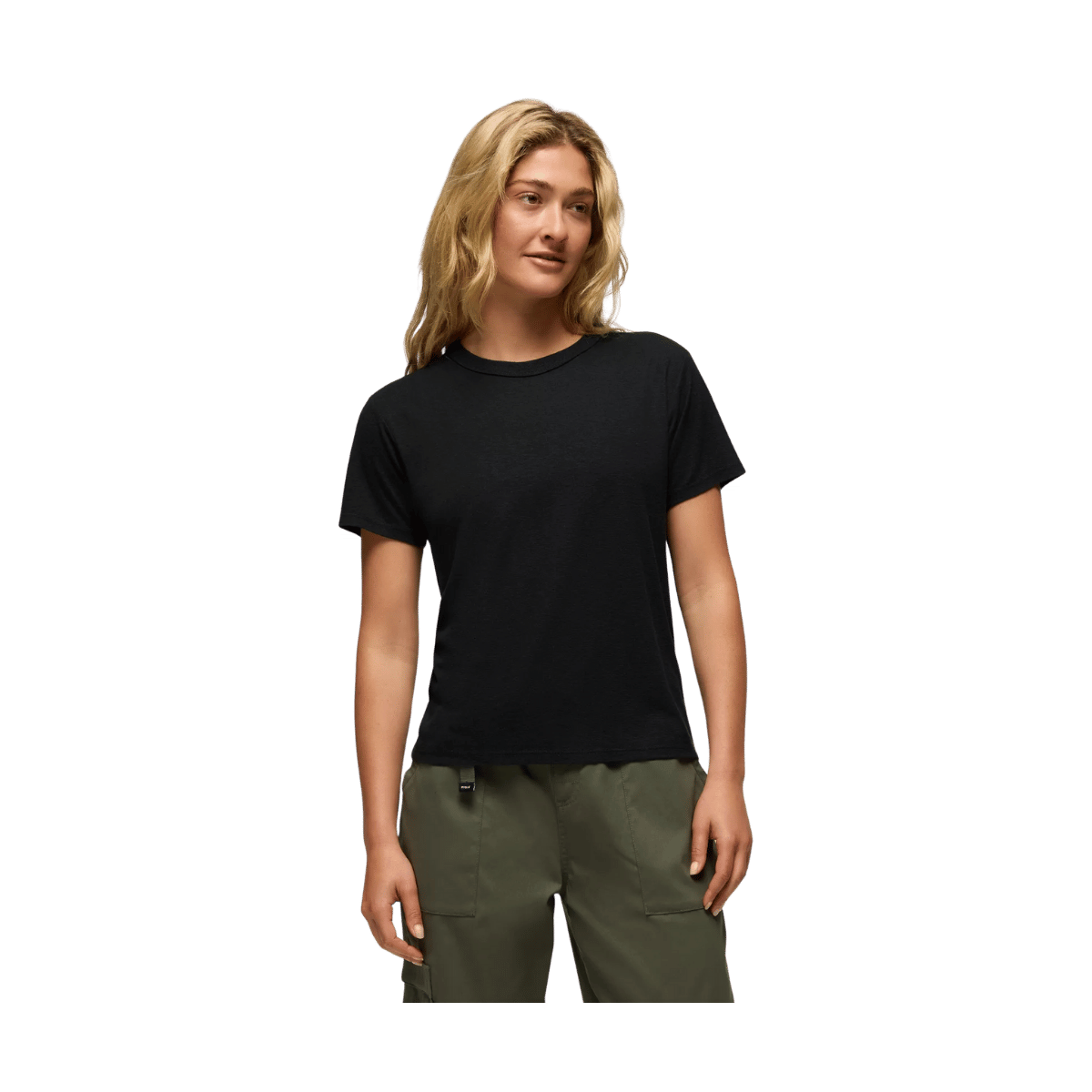 PRANA WOMEN'S COZY UP SHORT SLEEVE CREW SHIRT - BLACK - FRONT VIEW