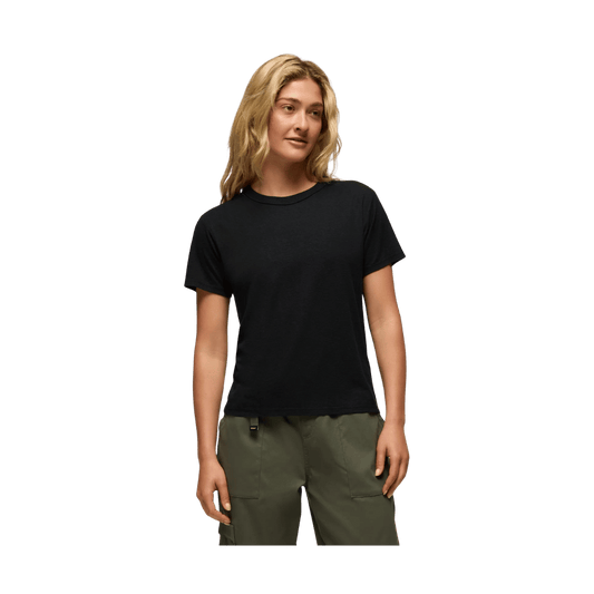 PRANA WOMEN'S COZY UP SHORT SLEEVE CREW SHIRT - BLACK - FRONT VIEW