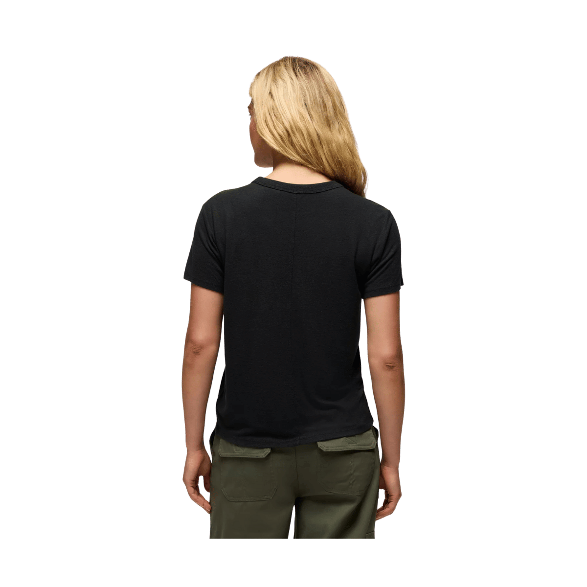 PRANA WOMEN'S COZY UP SHORT SLEEVE CREW SHIRT - BLACK - BACK VIEW