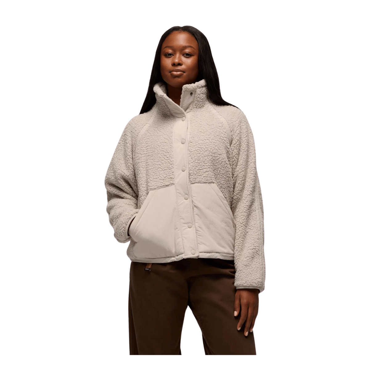 PRANA WOMEN'S ENCINITAS FLEECE JACKET - ALMOND - FRONT VIEW