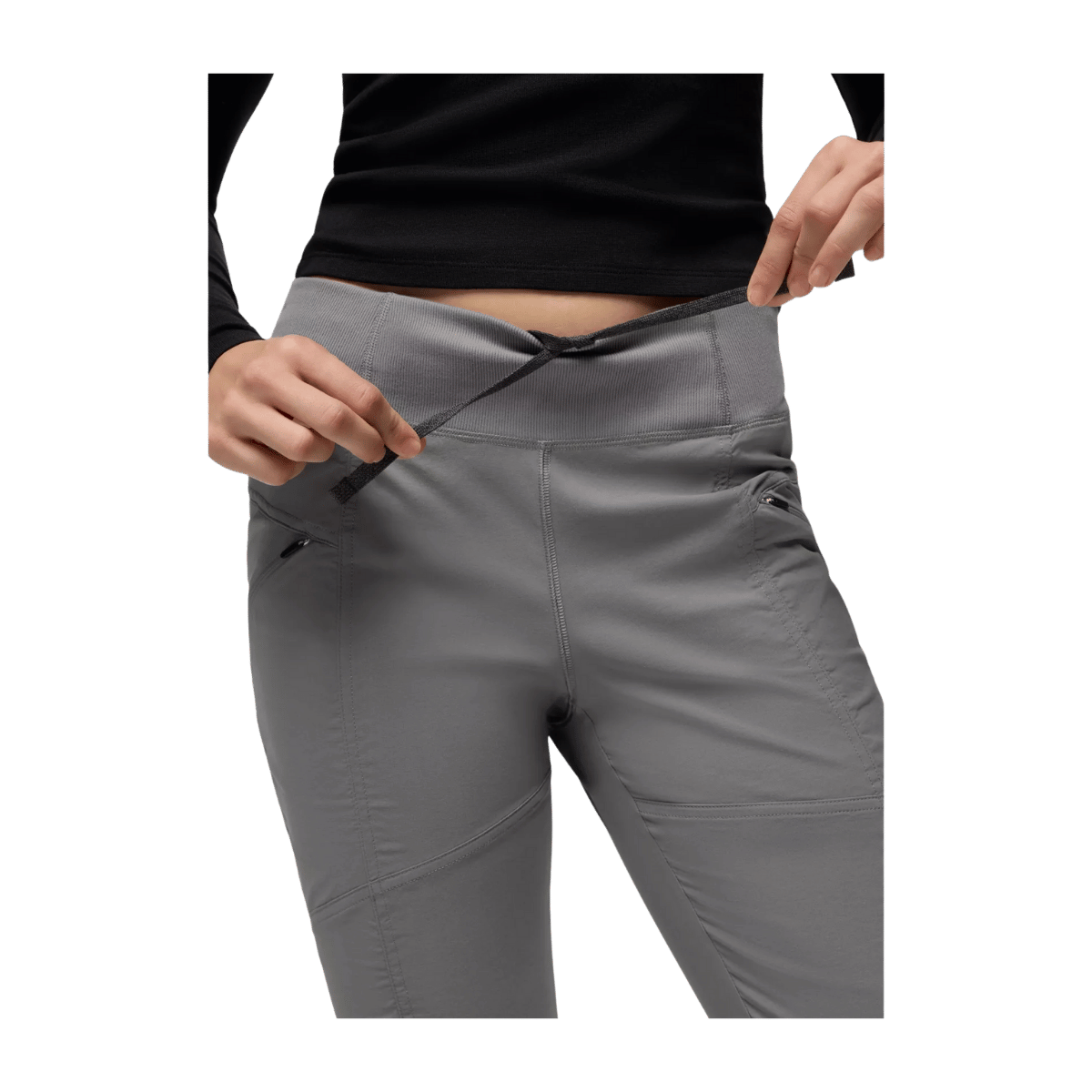 PRANA WOMEN'S KOEN PANTS - GRAVEL - CLOSE-UP VIEW