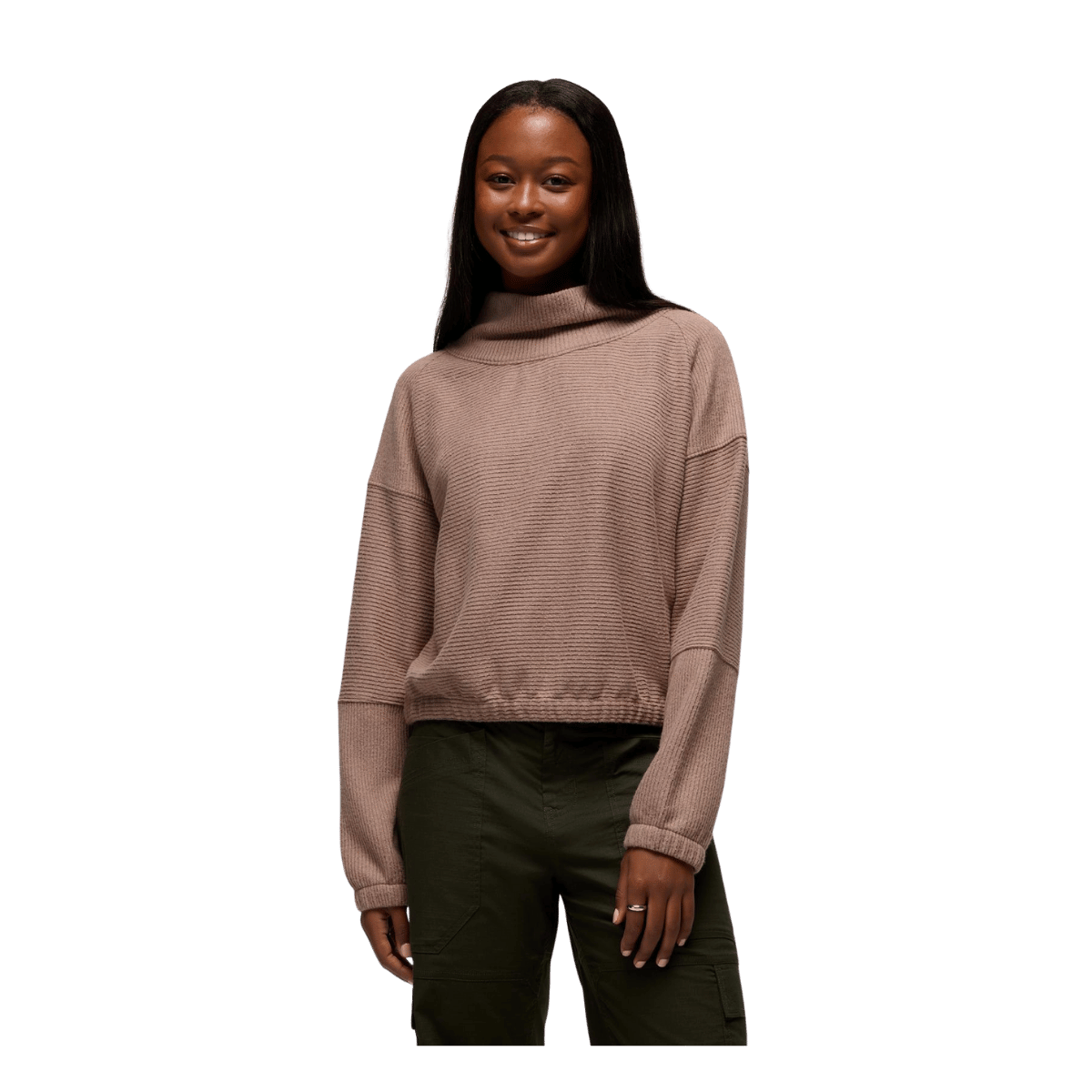 PRANA WOMEN'S OLIVIA LONG SLEEVE SWEATER - MUSHROOM - FRONT VIEW