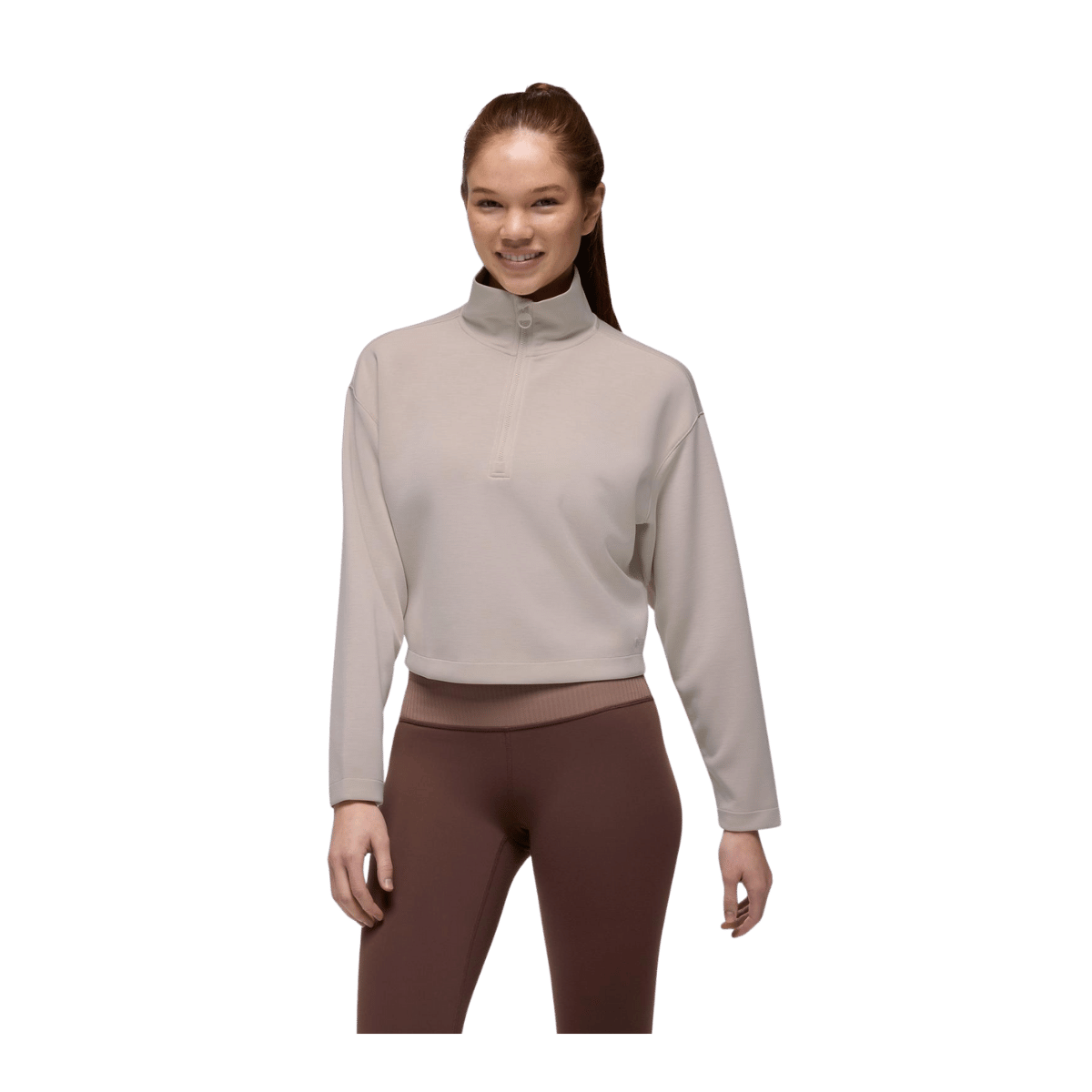 PRANA WOMEN'S SHEA HALF ZIP JACKET - ALMOND - FRONT VIEW