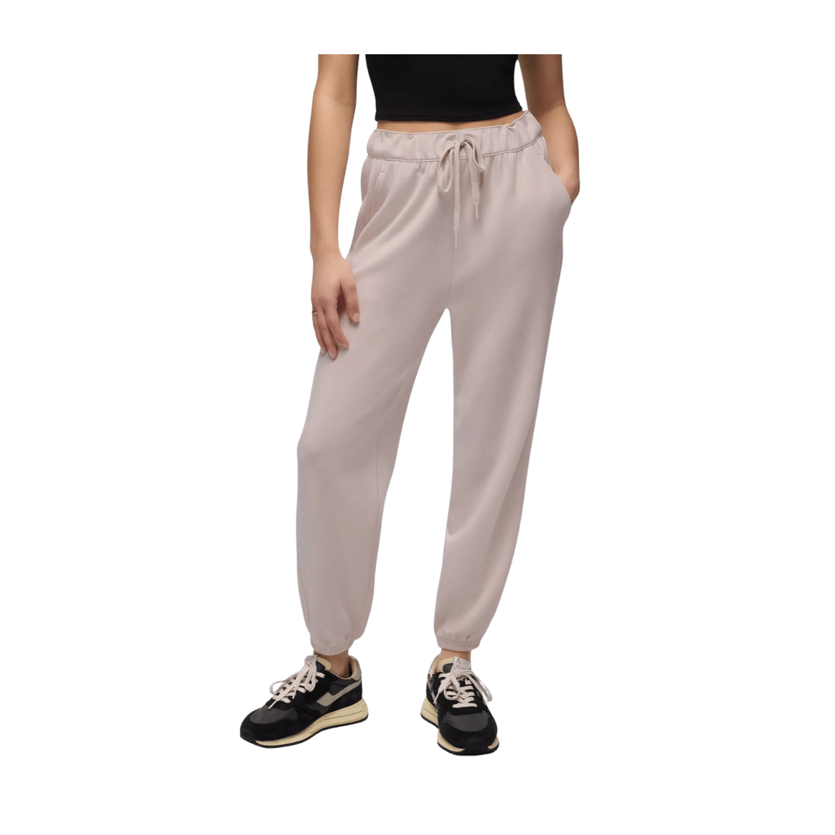 PRANA WOMEN'S SHEA SOFT HIGH RISE JOGGER PANTS - ALMOND - FRONT VIEW