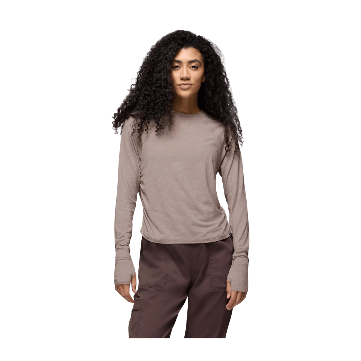 PRANA WOMEN'S SOL SEARCHER LONG SLEEVE CREW - SHROOM - FRONT VIEW