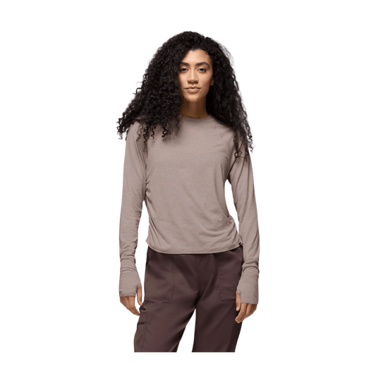 PRANA WOMEN'S SOL SEARCHER LONG SLEEVE CREW - SHROOM - FRONT VIEW