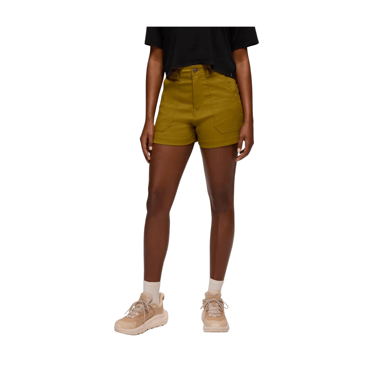 PRANA WOMEN'S STRETCH ZION CARGO SHORTS 5" - RETRO OLIVE - FRONT VIEW