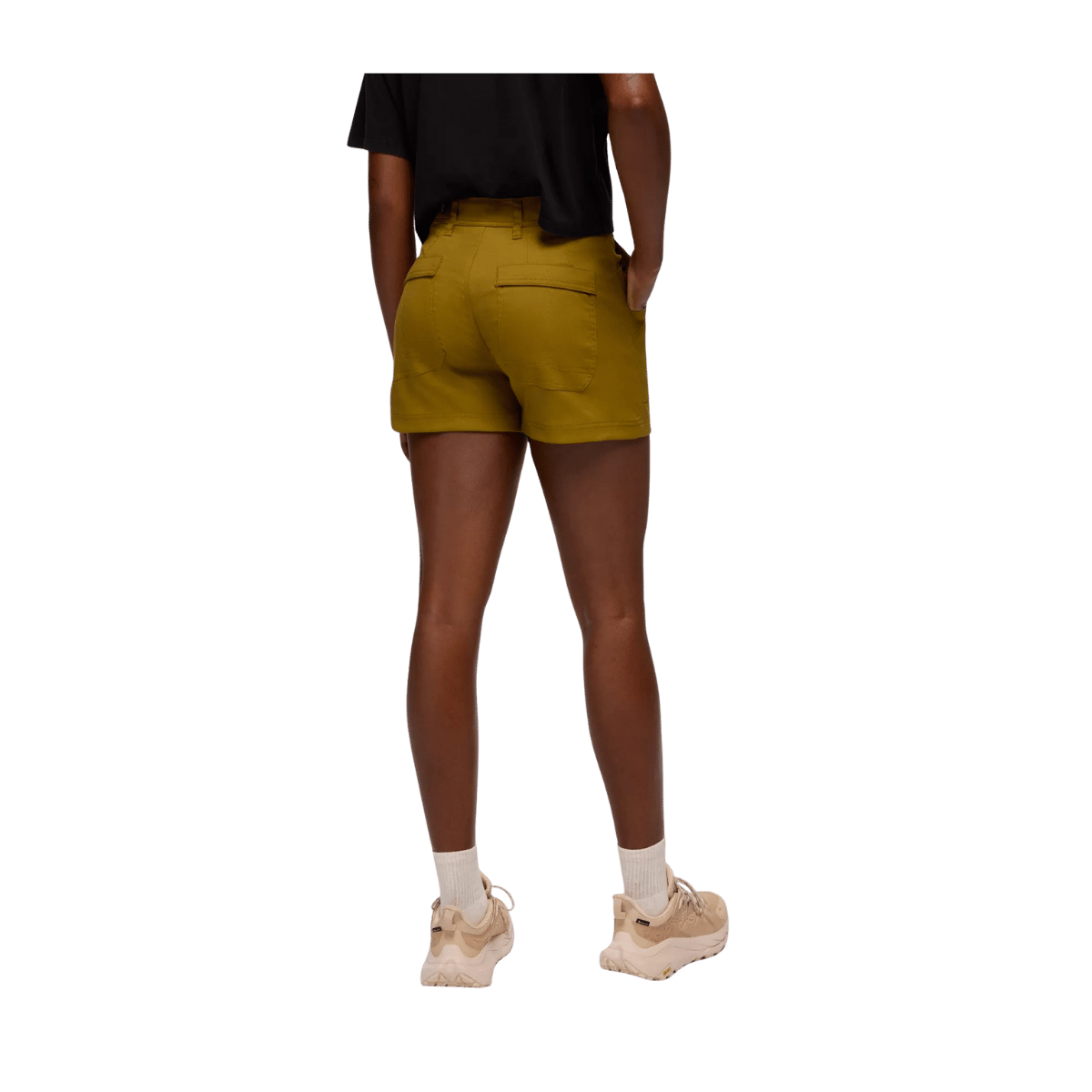 PRANA WOMEN'S STRETCH ZION CARGO SHORTS 5" - RETRO OLIVE - BACK VIEW
