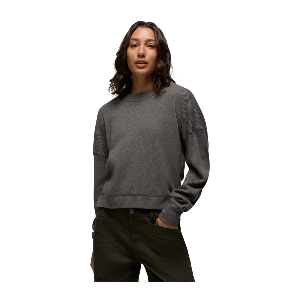 PRANA WOMEN'S TOUCHSTONE LONG SLEEVE CREWNECK - THYME HEATHER - FRONT VIEW