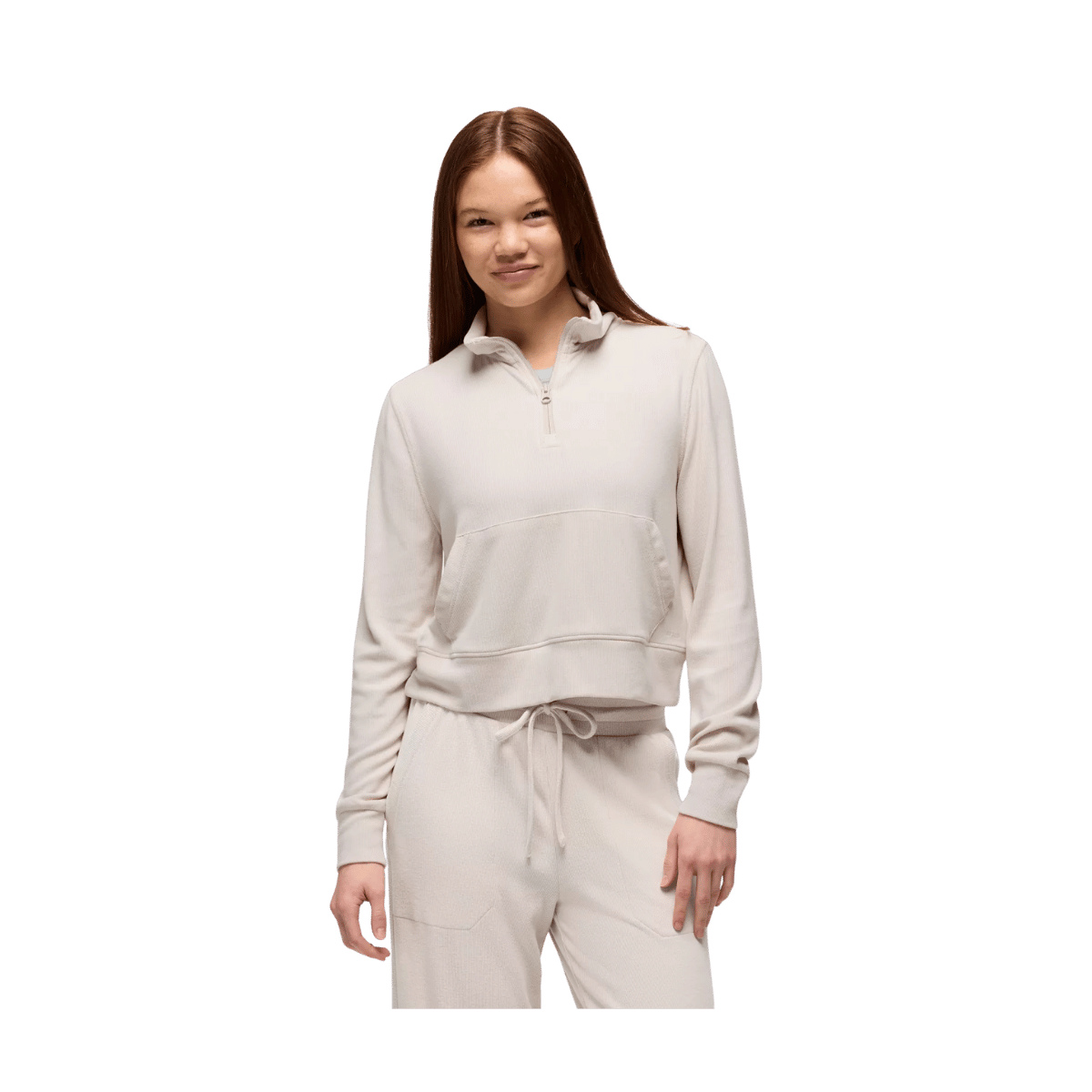 PRANA WOMEN'S WILLOW WEST HALF ZIP SWEATER - ALMOND - FRONT  VIEW