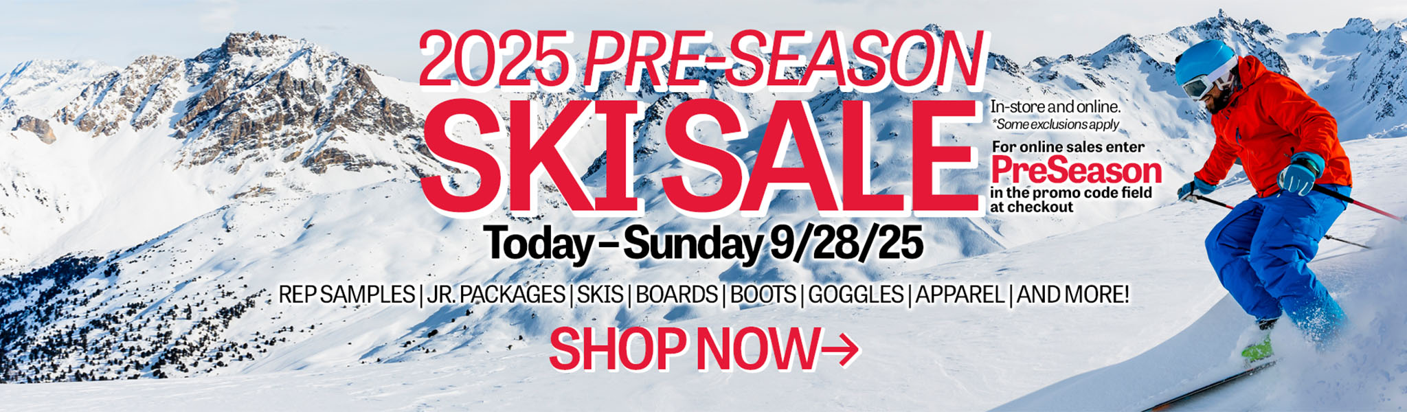 Promotional banner for a 2025 Pre-Season Ski Sale with a skier in the background.