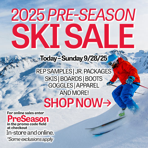 Advertisement for a 2025 pre-season ski sale with a skier in the snow.