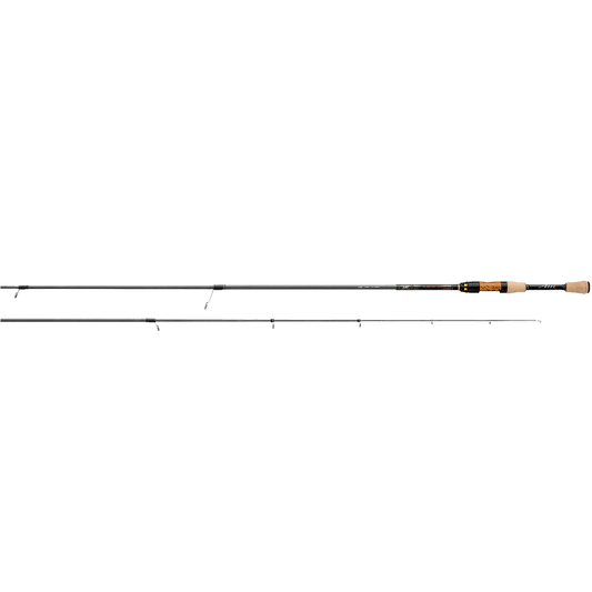 Daiwa Presso Air 6'8" light spinning rod, featuring a sleek black blank with multiple line guides and a premium cork handle for comfort and sensitivity.