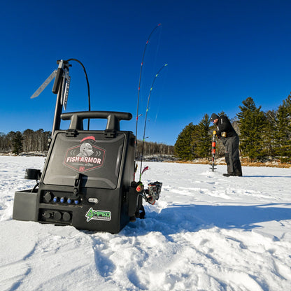 Fish Armor Pro Lite Shuttle Pro Extreme Shuttle sitting on the ice