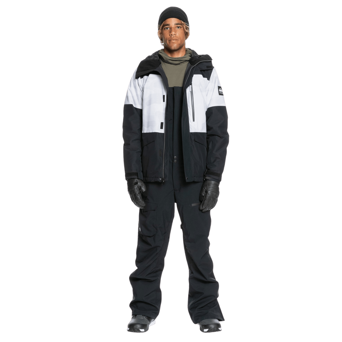 QUICKSILVER MEN'S UTILITY BIB SHELL SNOWBOARD PANTS - TRUE BLACK - FRONT W/ JCKT 