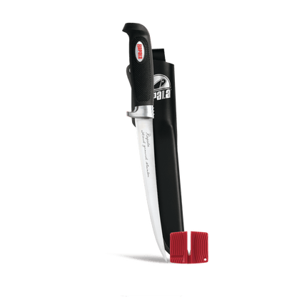 RAPALA SOFT GRIP FILLET KNIFE 6IN W/ SHEATH AND SHARPENER showing sheath and sharpener