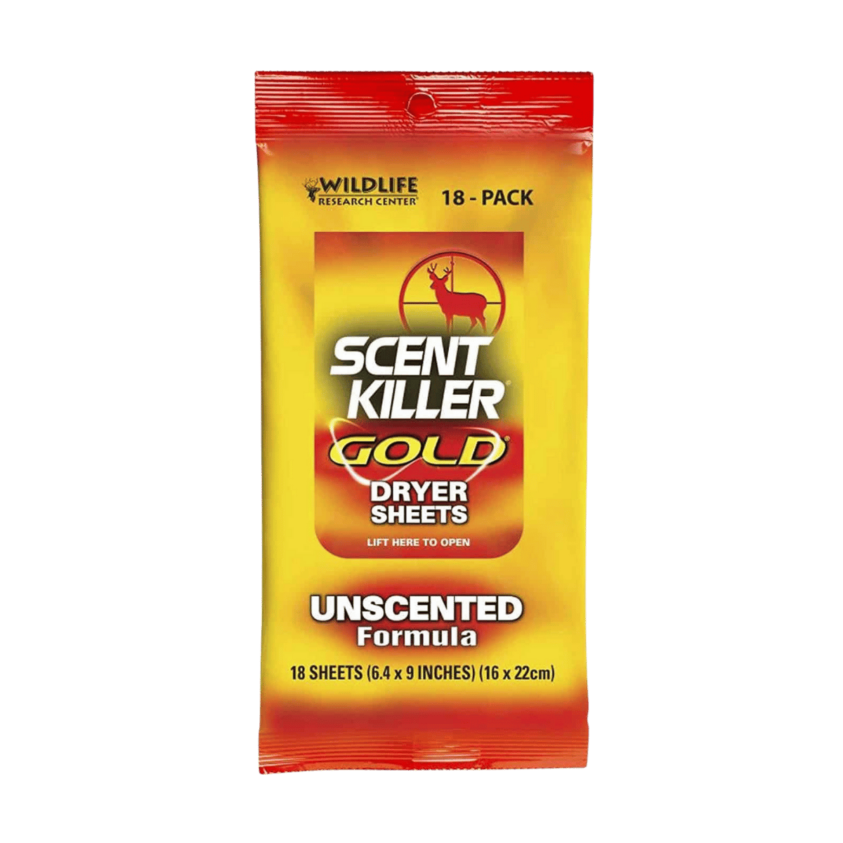 WILDLIFE RESEARCH SCENT KILLER GOLD DRYER SHEETS 18 COUNT UNSCENTED FORMULA