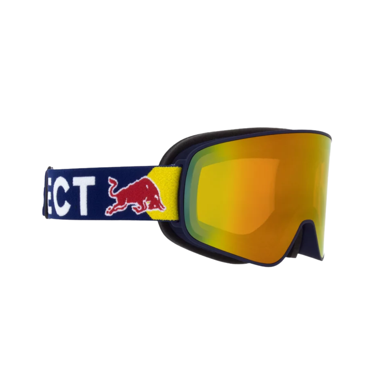 RED BULL SPECT RUSH GOGGLES – SNOWBOARD/SKI PERFORMANCE EYEWEAR - BLUE  FRAME - ORANGE WITH RED MIRROR - SIDE VIEW