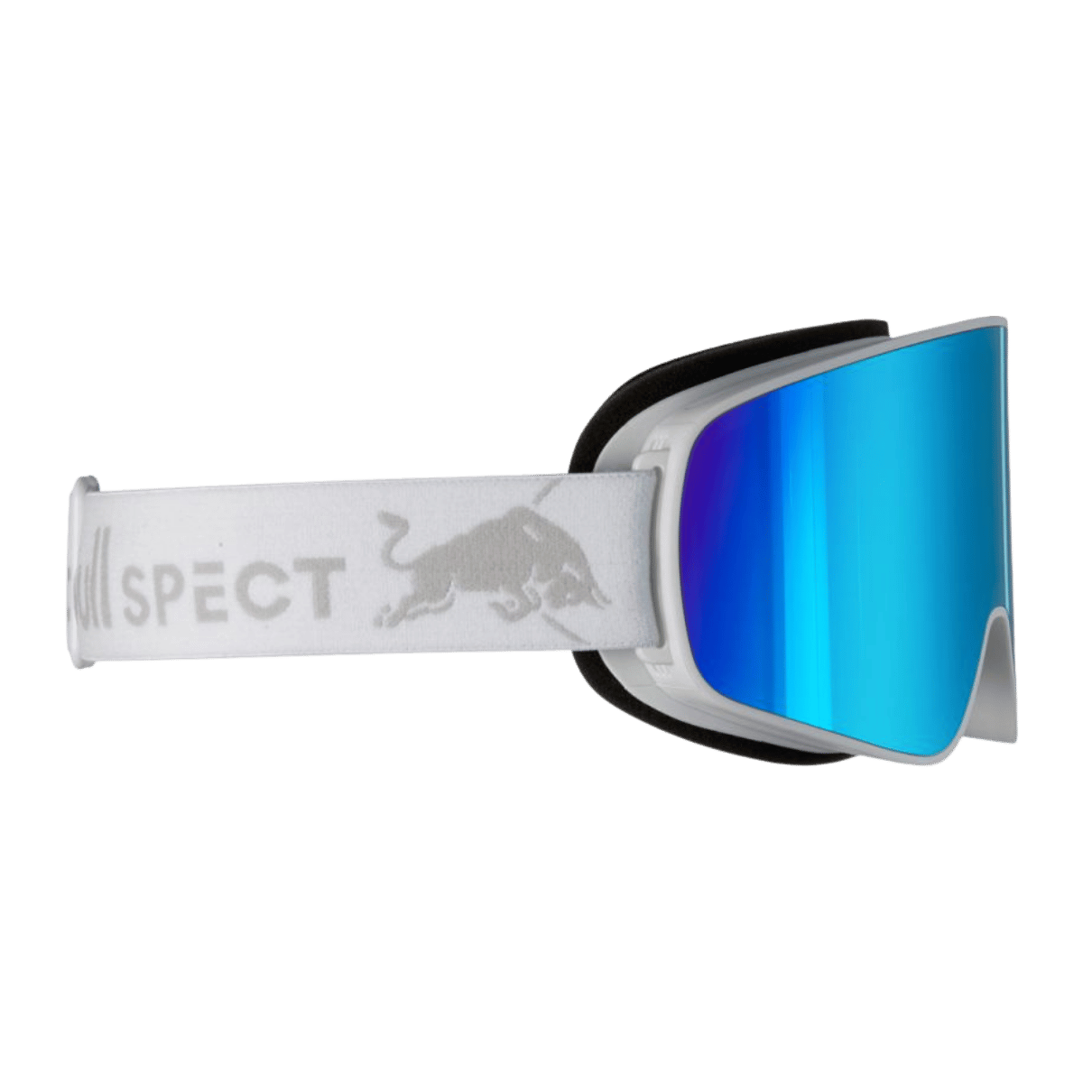 RED BULL SPECT RUSH GOGGLES – SNOWBOARD/SKI PERFORMANCE EYEWEAR - WHITE  FRAME - SMOKE WITH BLUE MIRROR - SIDE VIEW