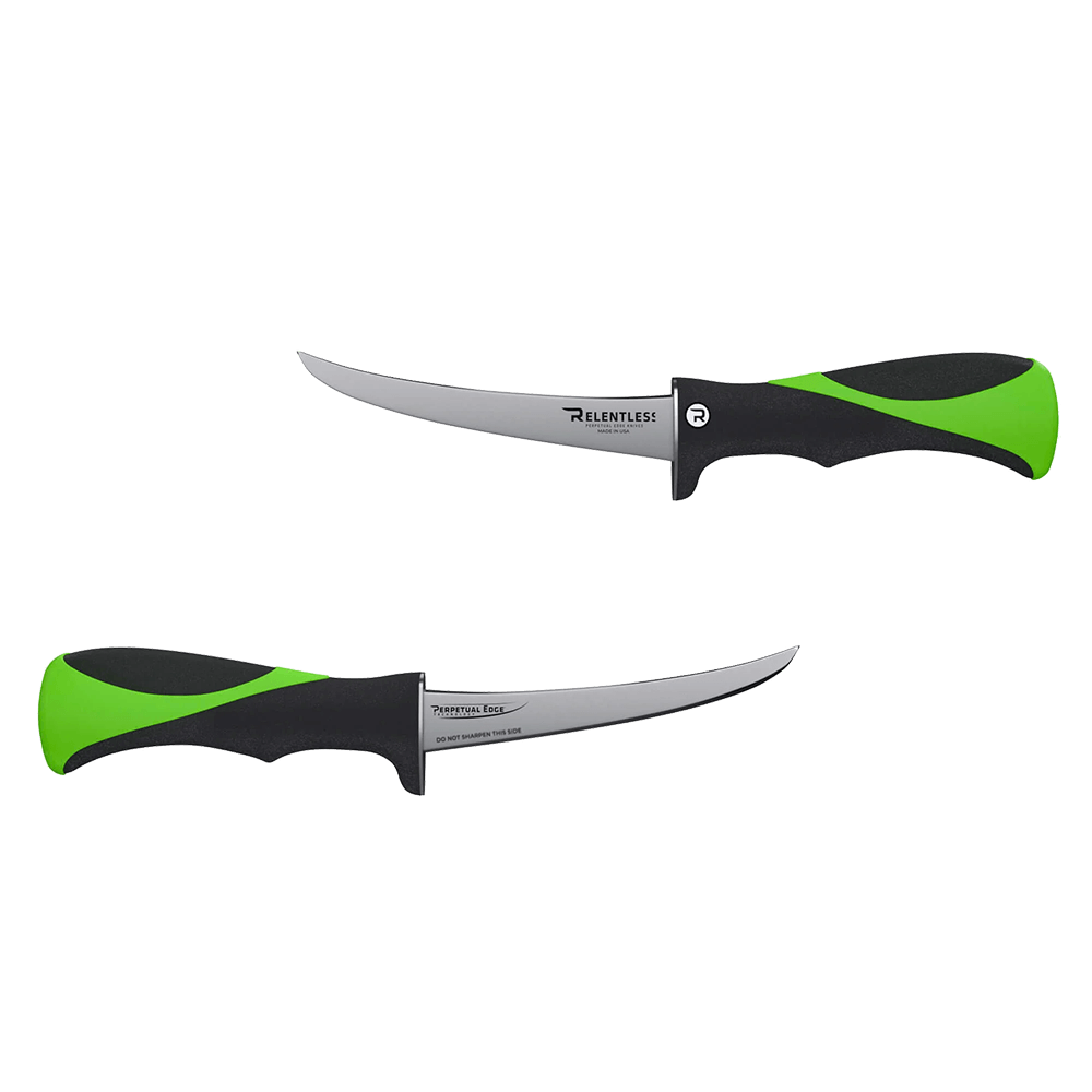 RELENTLESS KNIVES CURVED FILLET KNIFE W/SHEATH 6IN showing both sides of the knife