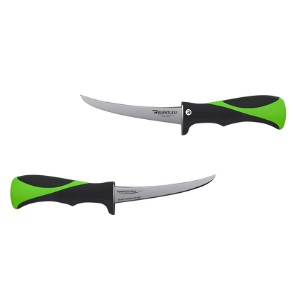 RELENTLESS KNIVES CURVED FILLET KNIFE W/SHEATH 6IN showing both sides of the knife