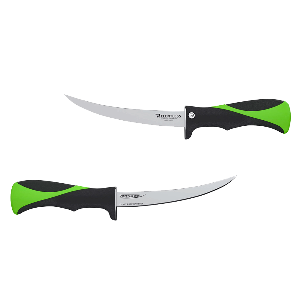 RELENTLESS KNIVES CURVED FILLET KNIFE W/SHEATH 7IN showing both sides
