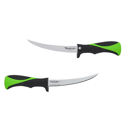RELENTLESS KNIVES CURVED FILLET KNIFE W/SHEATH 7IN showing both sides