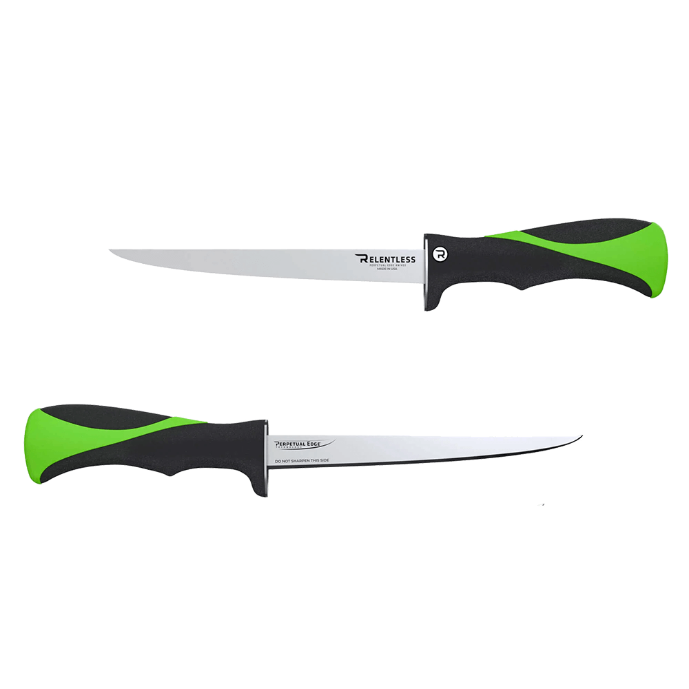RELENTLESS KNIVES STRAIGHT FILLET KNIFE W/SHEATH 8IN showing both sides of the knives