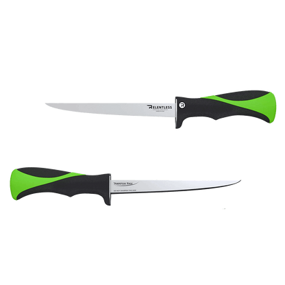 RELENTLESS KNIVES STRAIGHT FILLET KNIFE W/SHEATH 8IN showing both sides of the knives
