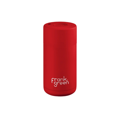 FRANK GREEN CERAMIC REUSABLE CUP - BUTTON LID 12OZ - ATOMIC RED