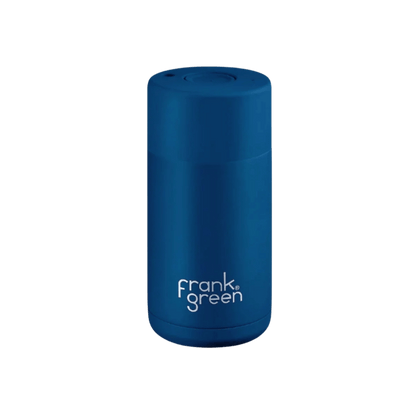 FRANK GREEN CERAMIC REUSABLE CUP - BUTTON LID 12OZ - DEEP OCEAN