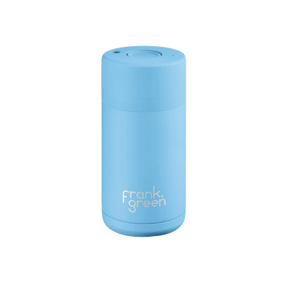 FRANK GREEN CERAMIC REUSABLE CUP - BUTTON LID 12OZ - SKY BLUE