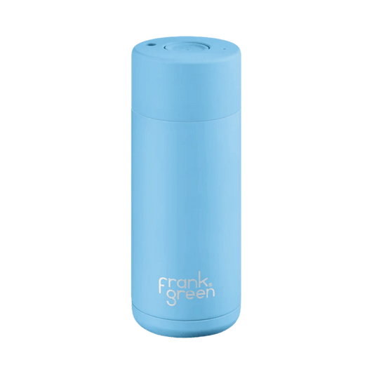 FRANK GREEN CERAMIC REUSABLE CUP - BUTTON LID 16OZ - SKY BLUE