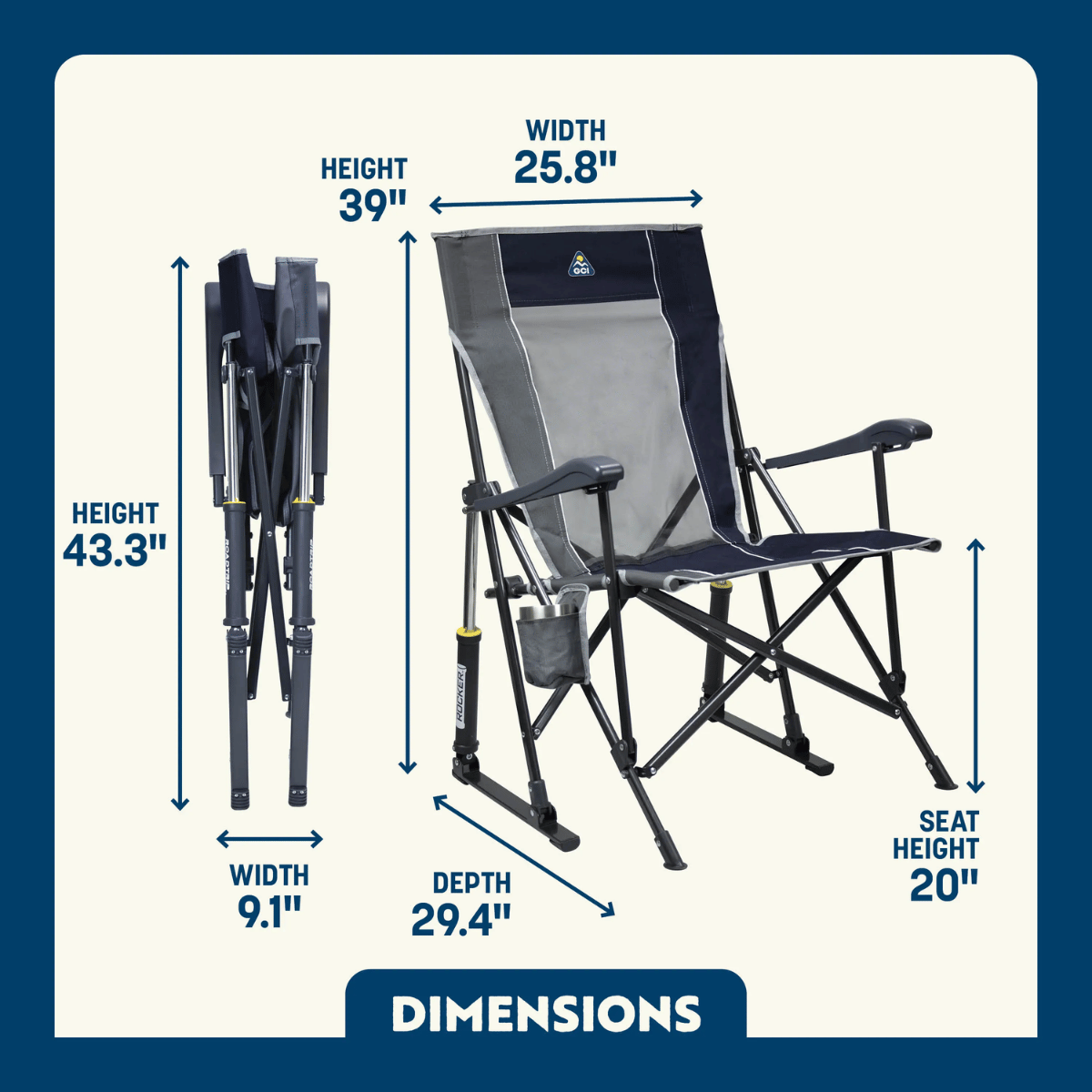 GCI OUTDOOR ROADTRIP ROCKER - INDIGO BLUE DIMENSION