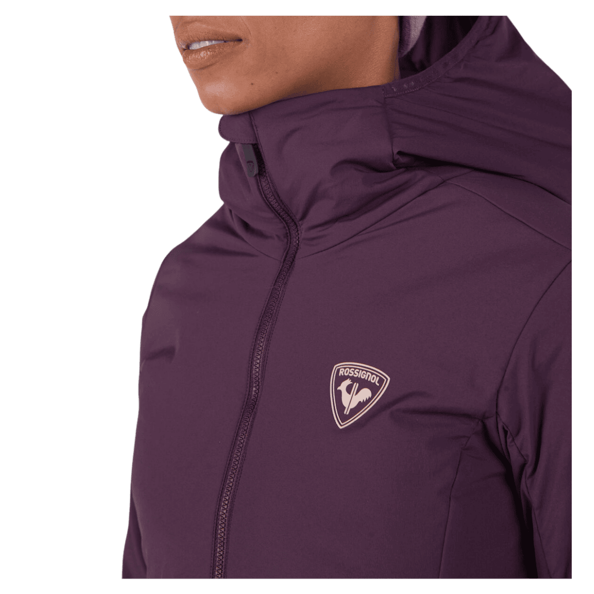 ROSSIGNOL WOMEN'S OPSIDE LIGHT INSULATED HOODIE JACKET - MULBERRY - NECK ZIP VIEW