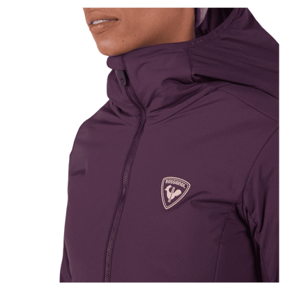 ROSSIGNOL WOMEN'S OPSIDE LIGHT INSULATED HOODIE JACKET - MULBERRY - NECK ZIP VIEW
